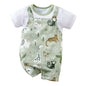 Adorable Infant Zoo Animal Print Romper for Boy Newborn Baby Faux Two-Piece Bodysuit with Short Sleeves Casual Play Wear