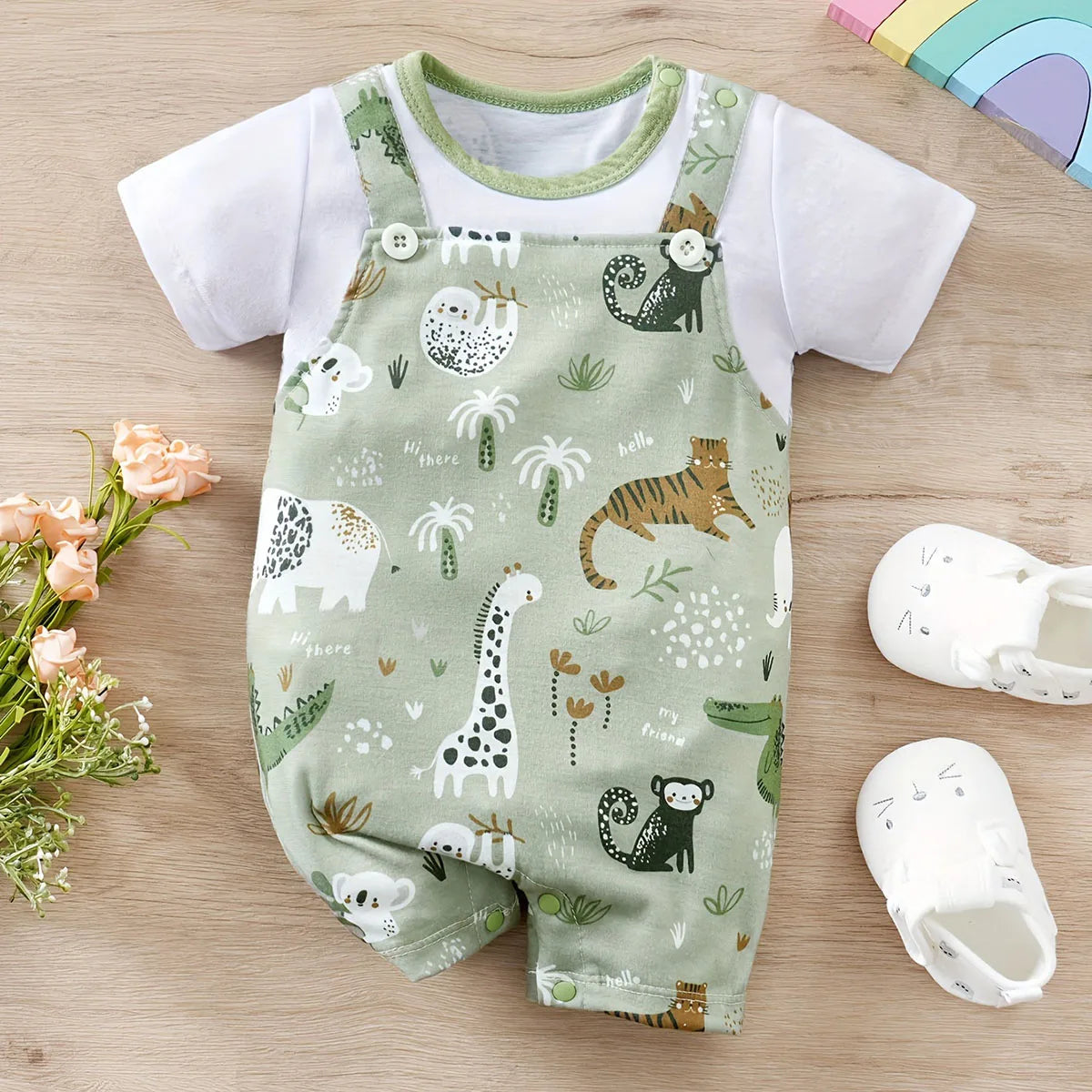 Adorable Infant Zoo Animal Print Romper for Boy Newborn Baby Faux Two-Piece Bodysuit with Short Sleeves Casual Play Wear